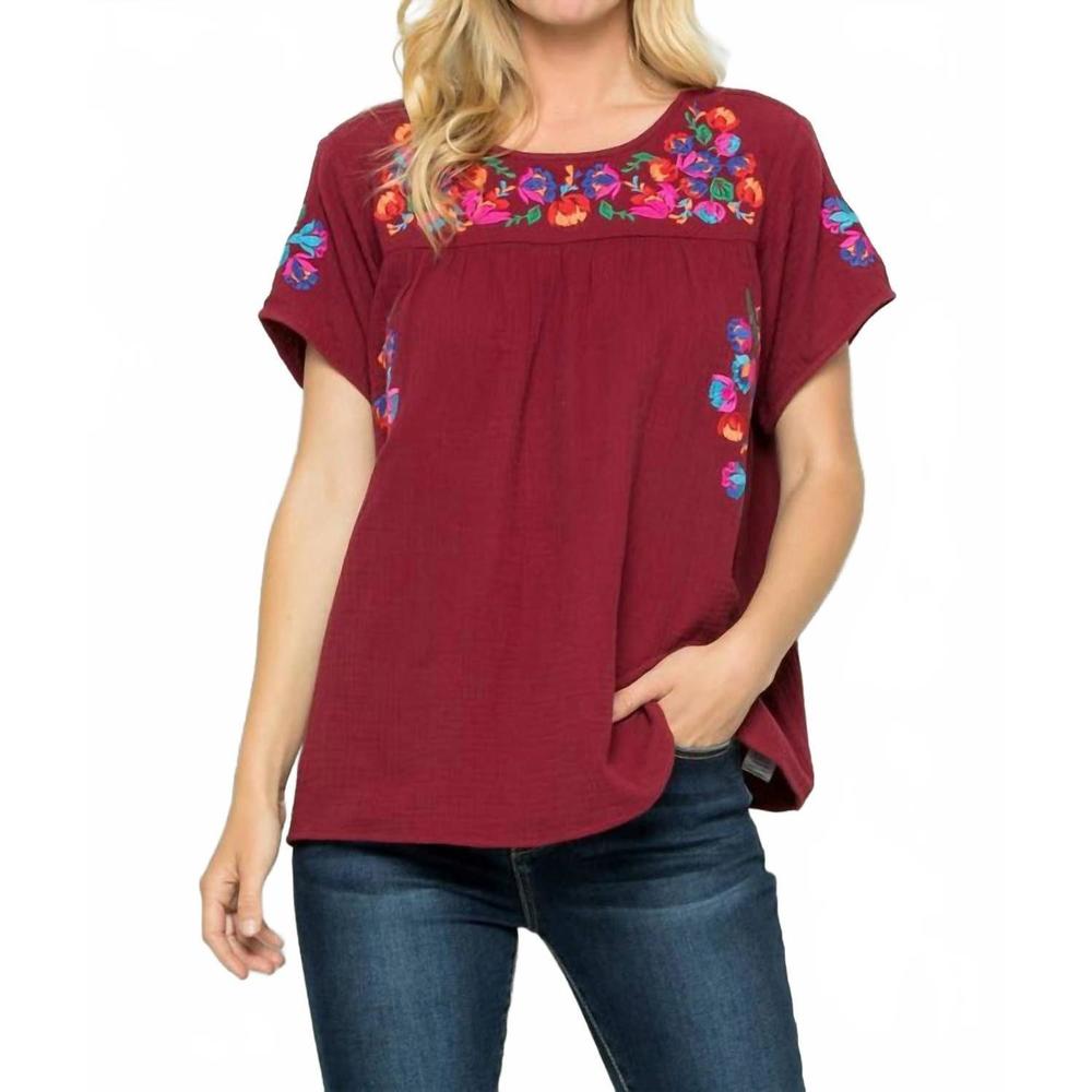 NEW SEE AND BE SEEN on the border embroidered top in burgundy